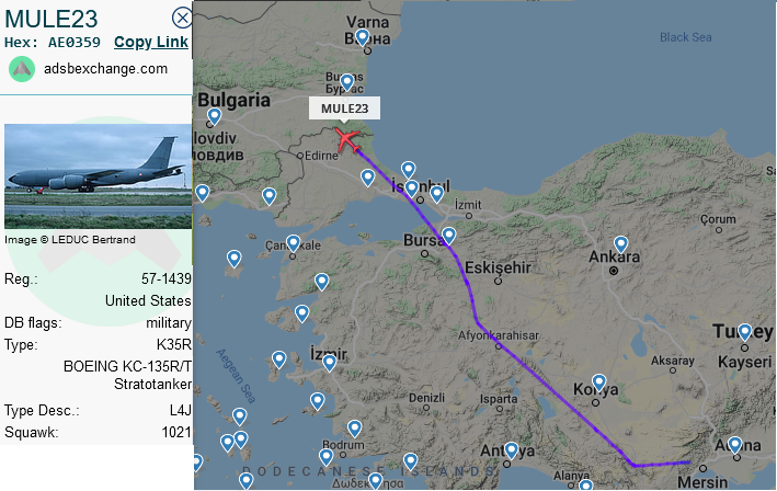 SirListenalot's tweet photo. #KC135 #AE0359 as #MULE23 on a round trip out of Incirlik, Turkey. Yesterday #AE0376 as #MULE20 did the job. https://t.co/C958MCWWE8