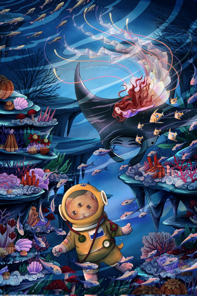 pinniee5's tweet photo. GM ✨
Art challenge day 5
I've been nominated by @AXANA017 &amp; @chollChollcholl to post my art for 10 days

Today I feel like relaxing in the cool water and greeting the fishes 🐟🐱 https://t.co/bU0lnCemhD