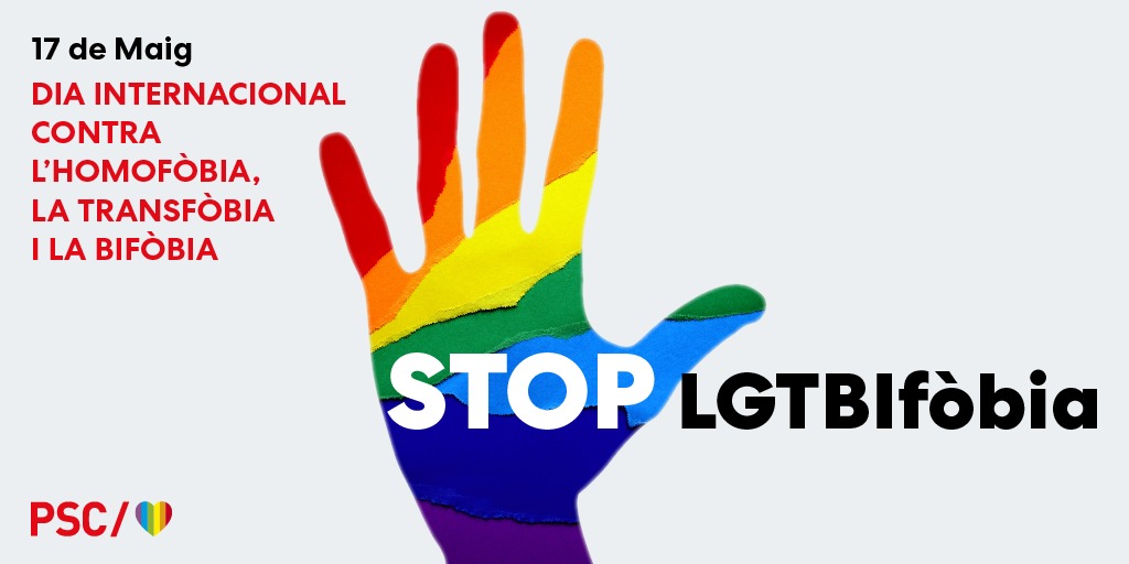 🏳️‍🌈🏳️‍⚧️ Avui #17maig és el Dia Internacional contra la #LGTBIfòbia. Reiterem el compromís dels i les socialistes per acabar amb la xacra de la discriminació i els delictes d'odi.

Davant l'odi, cap pas enrere!

#StopLGTBIfobia
#PSC/❤️🧡💛💚💙💜🤍