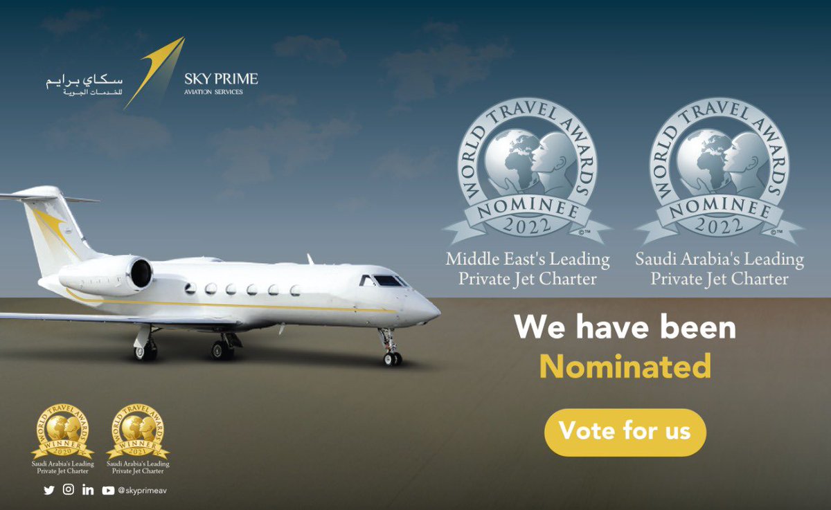 SKYPRIMEAV's tweet photo. #Sky_Prime nominated in  
#WorldTravelAwards 2022🏆under the following categories:

* Middle East’s leading private jet charter 2022 award 
Link: https://t.co/ByxgNnu01l

* Saudi Arabia’s Leading private jet charter 2022 award 
Link: https://t.co/iAOAvlW1GZ

Support us by voting https://t.co/Td7bROqImR