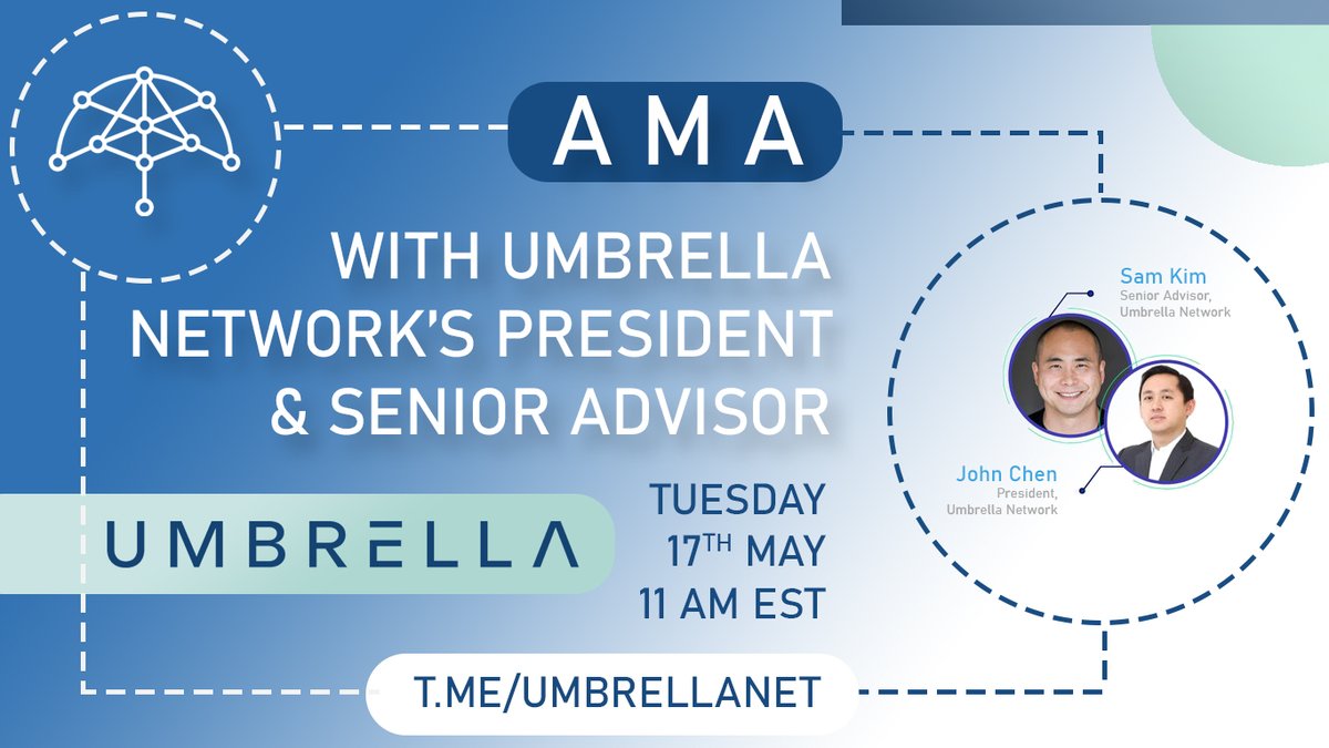 🚨 ASK ME ANYTHING! 🚨

$UMB Internal AMA:
• 17th May - 11AM EST
• t.me/umbrellanet

<a href="/samislucid/">Sam Kim</a> &amp; <a href="/J0HNCHEN/">JC</a> will answer all your questions!
Also if u can't attend this event u can put ur questions in the <a href="/UmbNetwork/">Umbrella Network</a> latest tweet comment section.

Seeya!☂️

#AMA #oracle