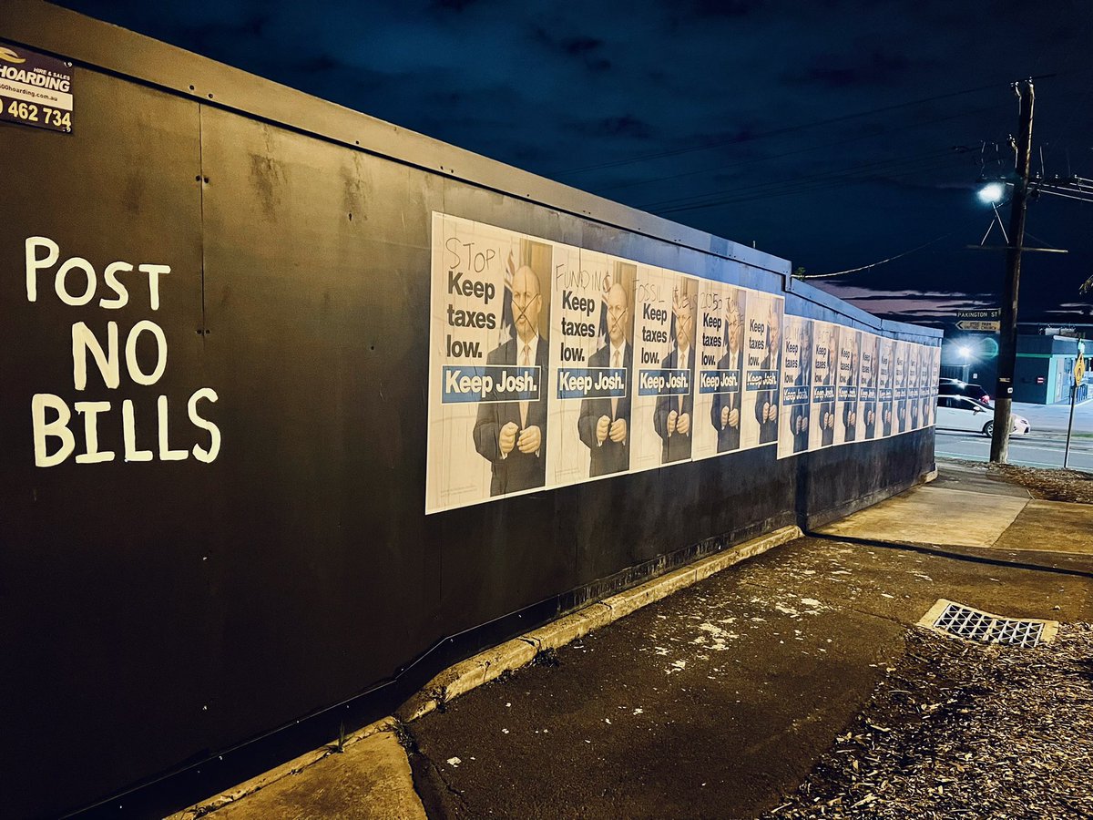 zzrdvrk's tweet photo. More hypocrisy from @JoshFrydenberg? Vandalising freshly painted hoarding on the Willsmere roundabout? It pretty clearly says “POST NO BILLS” on it. #AUSPOL #KooyongVotes https://t.co/p5u677z0FN