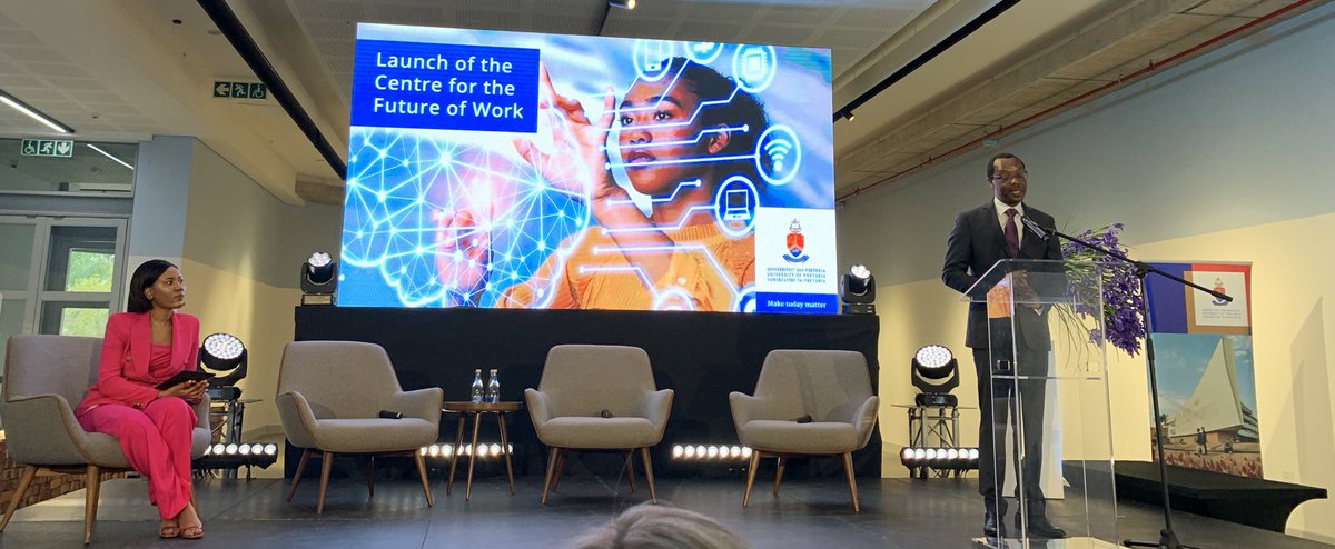 SwedeninSA's tweet photo. Congratulations to @UPTuks and Vice Chancellor Prof Kupe on the rapid establishment of the Centre for the Future of Work at UP. The Embassy through Dep Head of Mission @AmiLarsson is honoured to share some perspectives from Sweden at today’s launch @JavettUP #UPFutureofWork https://t.co/QBJtVBsyZ4