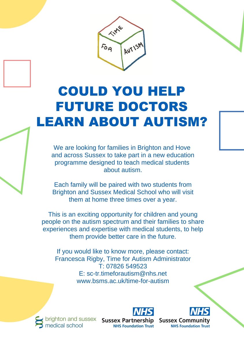 Could you &amp; your family help future doctors learn about autism? <a href="/time4autism/">@Time4Autism</a> is a collab between Brighton &amp; Sussex Medical School, local families, Sussex Comm NHS Foundation Trust, Sussex Partnership NHS Foundation Trust, local charities and voluntary groups. Full info on flyer.