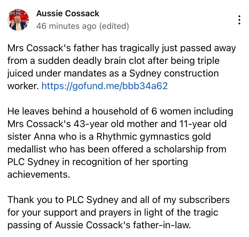 WalkingCrow2's tweet photo. @jakeshieldsajj Aussie Cossack’s father-in-law is DEAD most likely from 3 jabs of the COVID-19 Va#
#brainclot
Brain Clot https://t.co/ev4ogOPLcf
