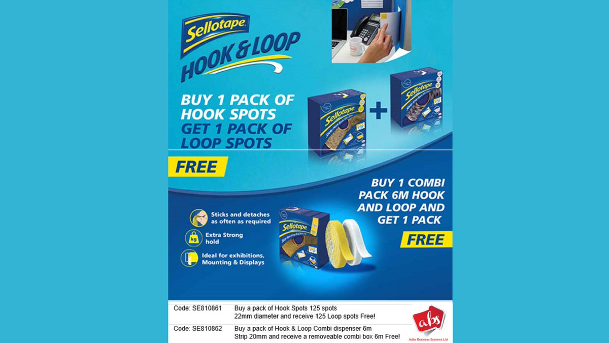 adlerbs's tweet photo. Sellotape's Hook &amp; Loop offers are here! You can buy 1 pack of Hook Spots and get 1 pack of Loop Spots FREE! OR Buy 1 Combi Pack 6M Hook And Loop and get 1 FREE! 

https://t.co/A7xVd2Of44

https://t.co/elY36qe4RN https://t.co/RyZor2nqCr