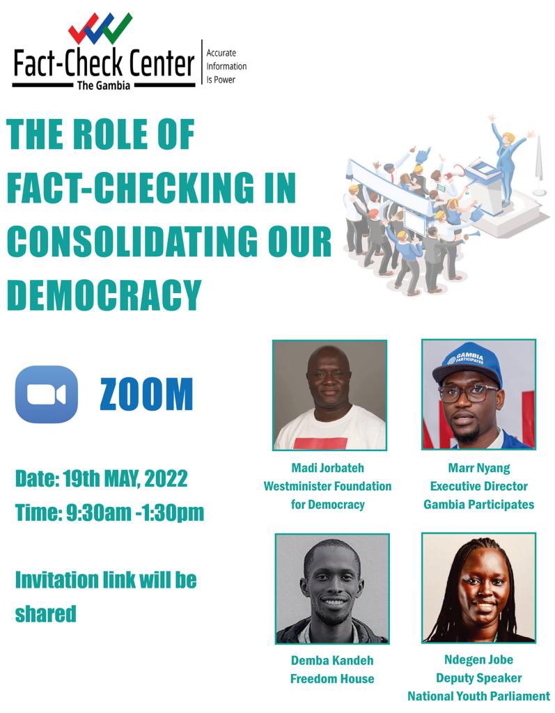 CentreFact's tweet photo. In our quest to combat fake news and promote the state of fact-checking in The Gambia, Fact-Check Center-The Gambia presents an online discussion with Civil Society Organizations, media personnel, and students on “The Role of Fact-checking in Consolidating Our Democracy” https://t.co/2HC4kxcqua