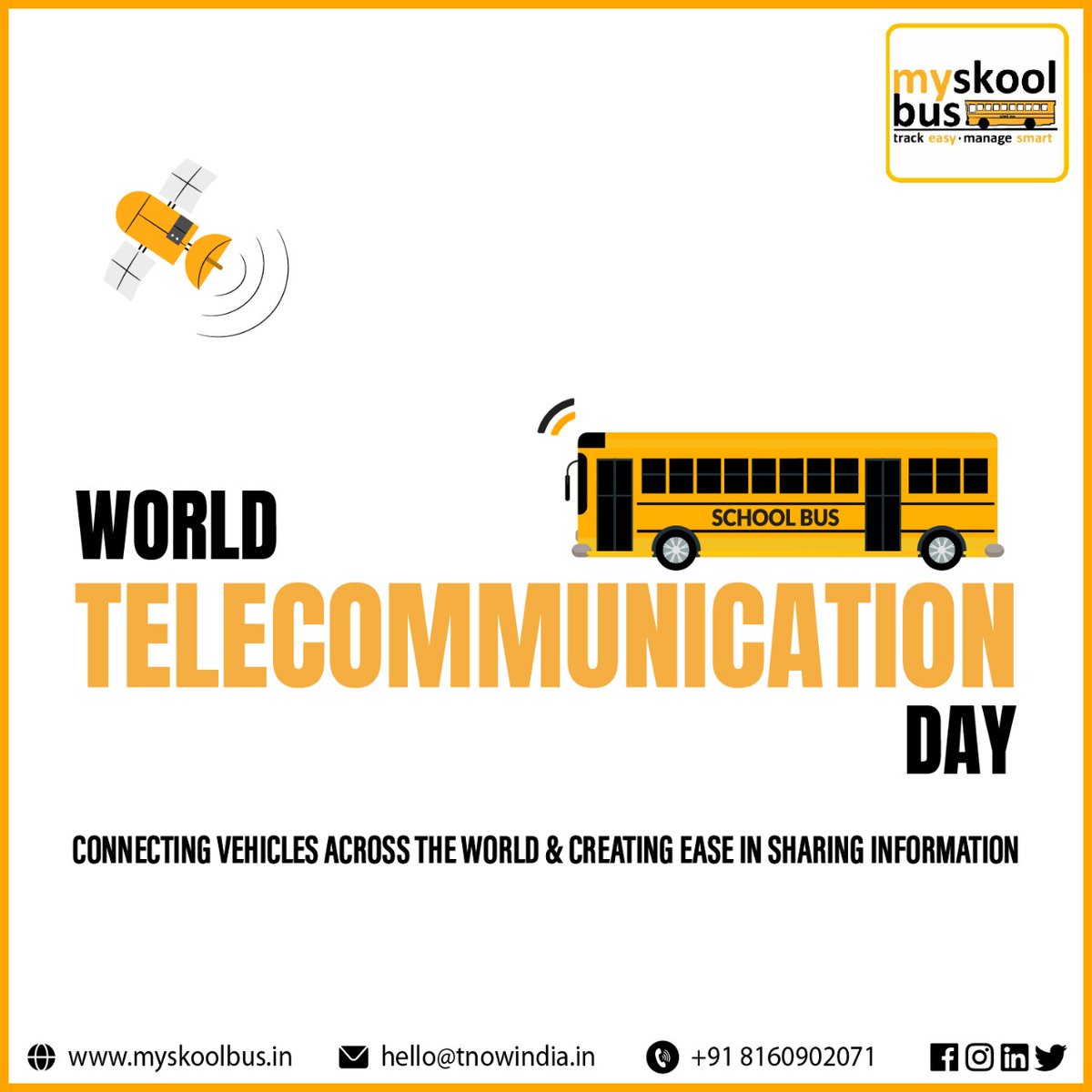 myskoolbus's tweet image. 💁‍♀️ WORLD TELECOMMUNICATION DAY

&quot;CONNECTING VEHICLES ACROSS THE WORLD &amp;amp; CREATING EASE IN SHARING INFORMATION&quot;

👉 myskoolbus 👈 : 
☎️ myskoolbus.in  

#WorldTelecommunicationDay #telecommunications #FleetTrackingManagement #fleetmanagement #mobility 
#schoolbus
