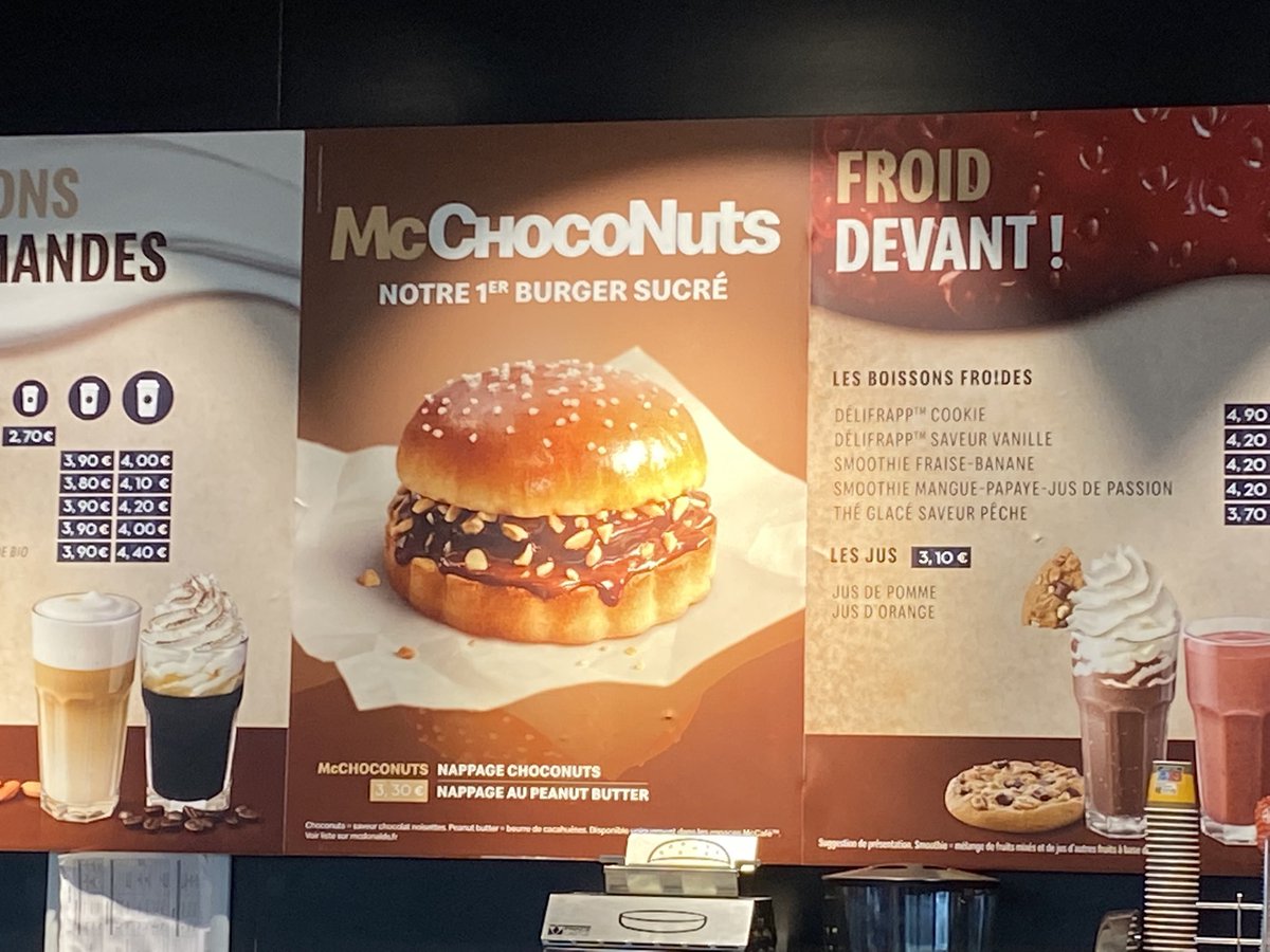 gamegrower's tweet photo. Friends, this is French McDonald’s and I don’t know what to say (for those who can’t read French, #McChocoNuts is their first sweet burger…. https://t.co/SNT4DTLTa9