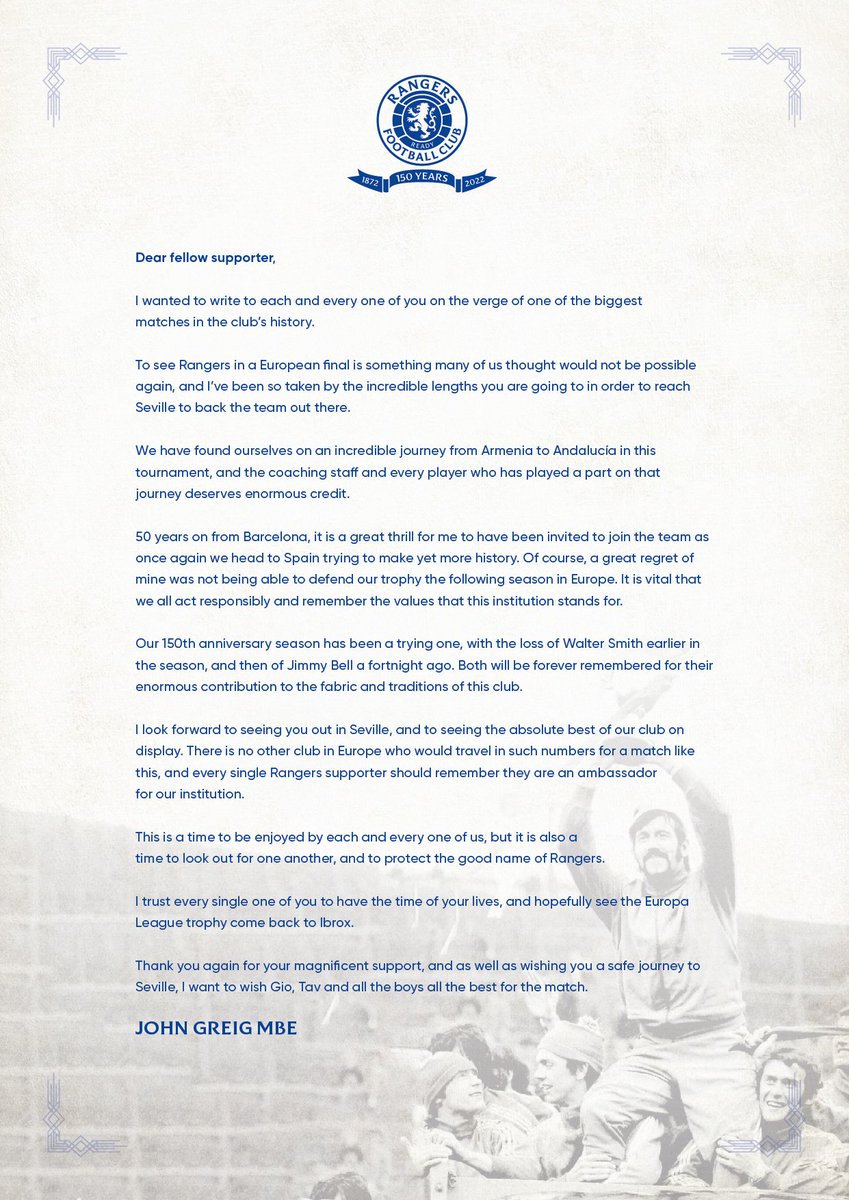 RangersFC's tweet photo. John Greig Letter To Every Rangers Supporter: https://t.co/s5stoIDfeQ

#UEL https://t.co/9bYFq3VwND