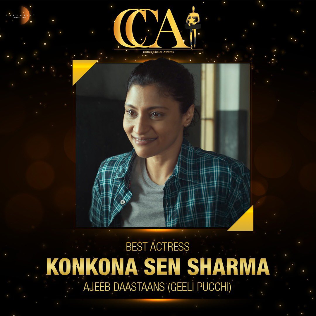 Dharmatic_'s tweet photo. Raw, real, sombre & brave - Bharti was all of it and more! Congratulations @konkonas, she not only won #CriticsChoiceAwards for Best Actress for #AjeebDaastaans - #GeeliPucchi, but also won the hearts of many!โค๏ธ https://t.co/QR5x0F0jmA
