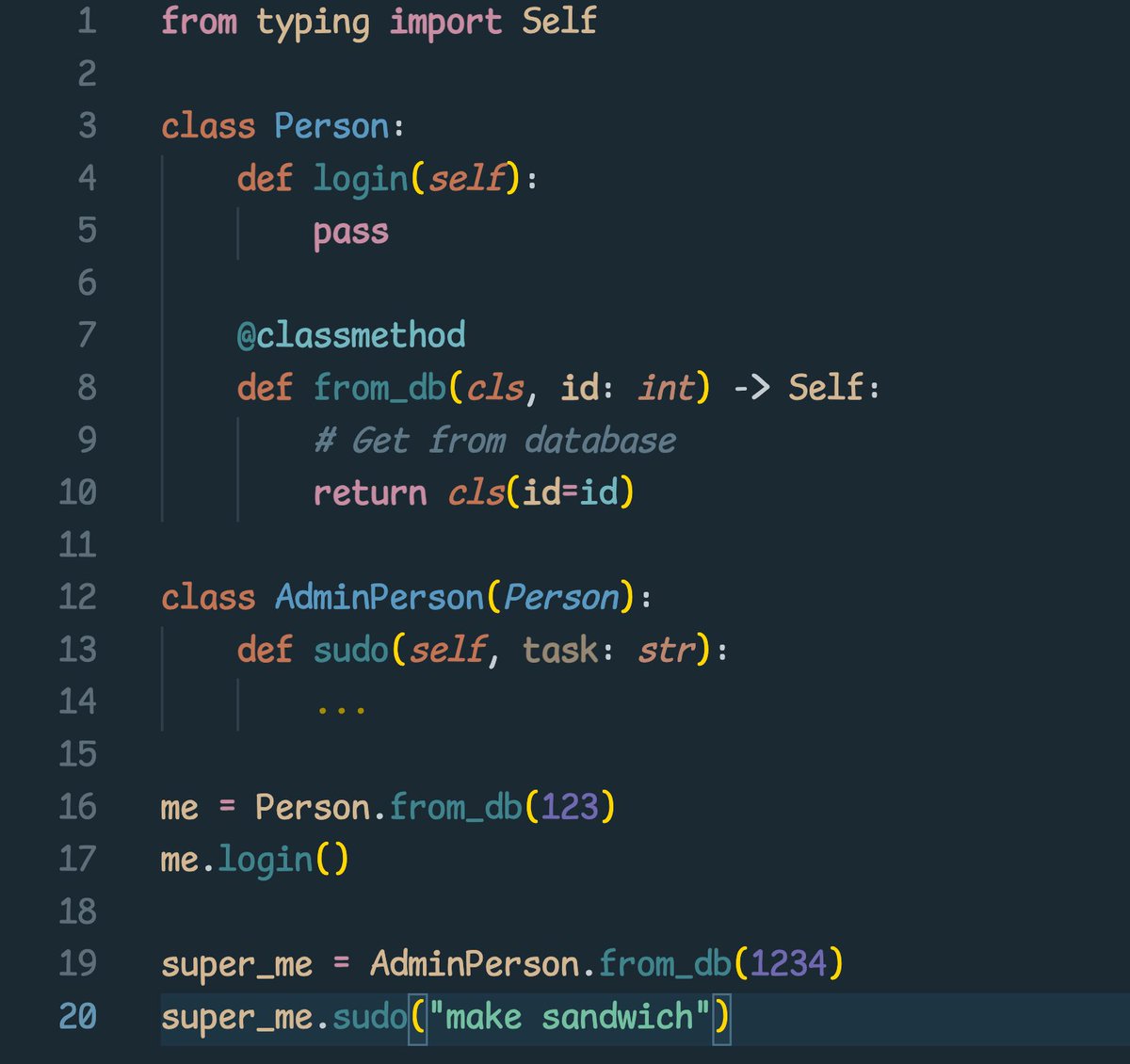 anthonypjshaw's tweet image. Python 3.11 also introduces the "Self" type. Great for class methods that return an instance of cls. (e.g. factory methods).
They're also great for having type-valid inheritance. super_me is an AdminPerson, even though the class method is described in the base class.