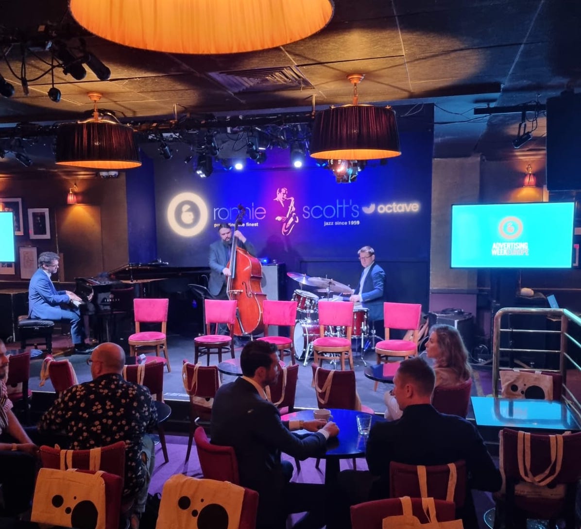 GoodLoopHQ's tweet photo. Kicking off #AdWeekEurope with some light jazz at @officialronnies. This morning's session is all about listening, and not just hearing. What a lovely start to a very exciting week!
#AWE2022 #Advertising https://t.co/xS4DhE7bbo