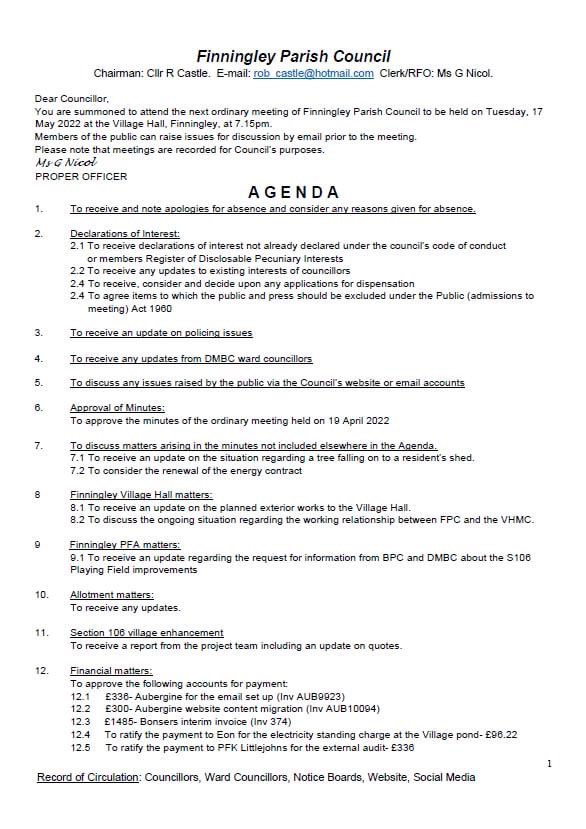 Fletcher4Mayor's tweet image. If you live in #Finningley you may be interested in the Finningley Parish Council Agenda which they have published below.