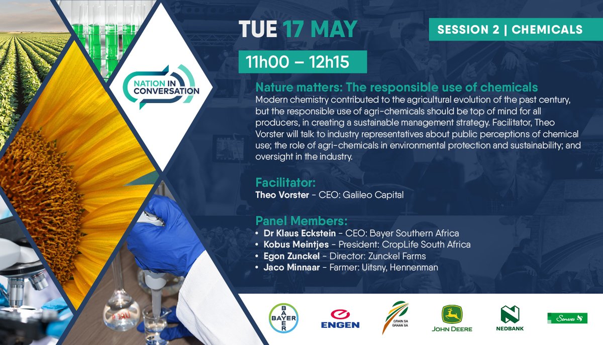 NationConverse's tweet photo. At 11:00 an expert panel will debate the responsible use of chemicals in another riveting rendition of #NationinConversation. Join facilitator @sakegesprek when he talks to industry representatives about the role of agri-chemicals in environmental protection and sustainability. https://t.co/jloxWpNGFS