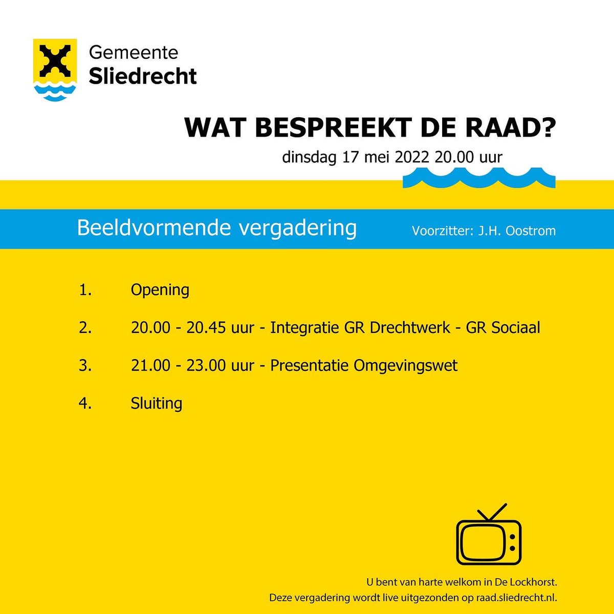 raad_sliedrecht's tweet photo. Beeldvormende vergadering 🗣 Dinsdag 17 mei 2022 🗓 Vanavond wordt de #gemeenteraad geïnformeerd over huidige regelingen en de integratie van GR Drechtwerk en GR Sociaal. Daarna geeft de heer Ankersmit een presentatie over de laatste stand van zaken van de #Omgevingswet. https://t.co/pALGliZO6f