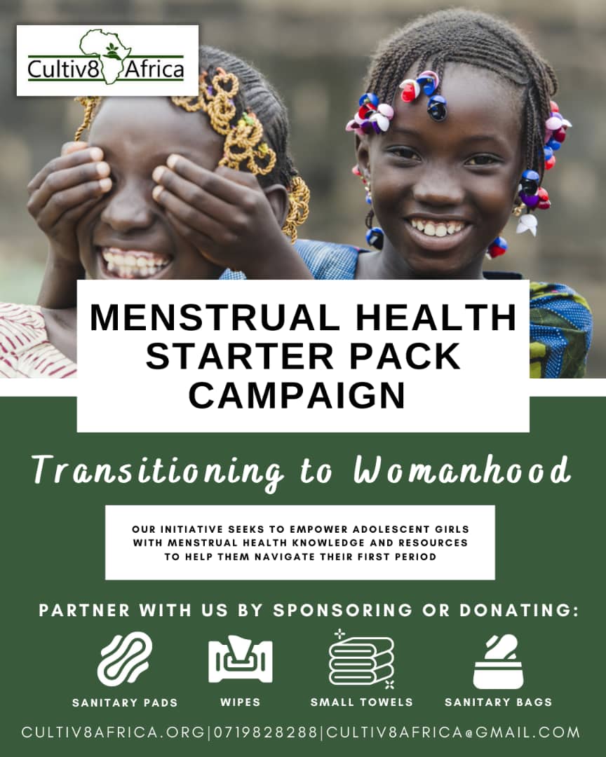 Cultiv8Africa's tweet image. Partner or donate towards the menstrual health starter pack campaign and help raise awareness on that transition to womanhood to adolescent girls.#menstrualhealth #firstperiodkit #transitioningtowomanhood