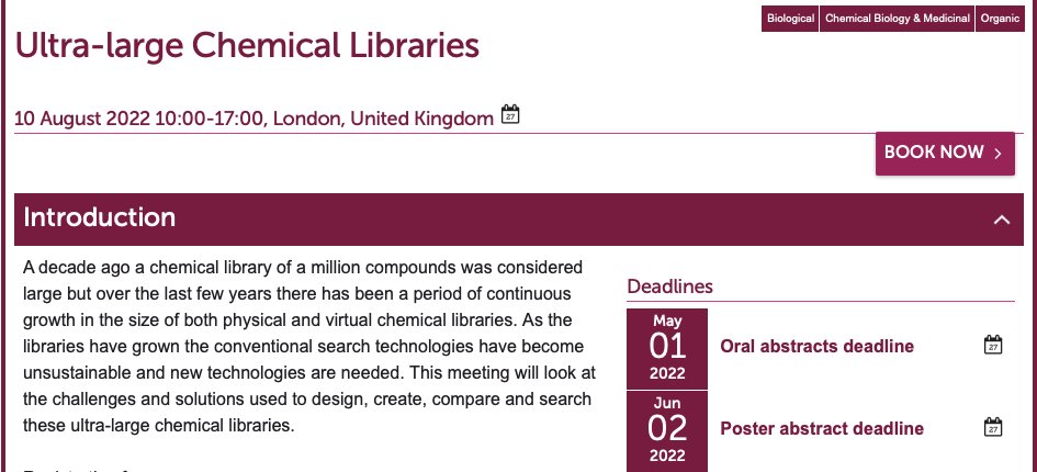 RSC_CICAG's tweet photo. Still time to submit poster abstracts for the Ultra-large Chemical Libraries meeting. https://t.co/lU84kCTj8b https://t.co/VueX0FEg8m