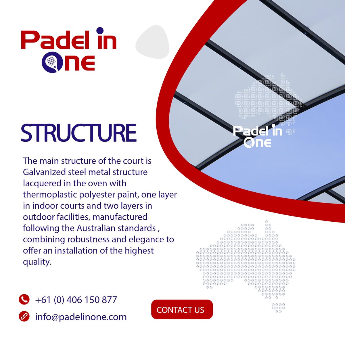 OnePadel's tweet image. Our court designs have been inspected by local engineers and comply with the relevant building laws in Australia with all Australian Standards and test approval. 
Contact us:
👉 padelinone.com
#padel #padelinaustralia #padeltime #guarantee #quality #trust #padelusa