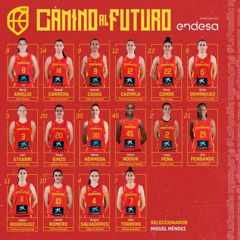 Danielbm200's tweet photo. Ya se conoce la lista de las 16 jugadoras convocadas por @miguelmmendez para la gira #CaminoAlFuturo.

#LaFamilia #SomosEquipo #SelFEM🇪🇸

Enhorabuena a las jugadoras convocadas, especialmente a las debutantes como @Lola_718, @laurapenya7 y @nereahermosa_.

Foto: @BaloncestoESP https://t.co/pgYeim4bFM
