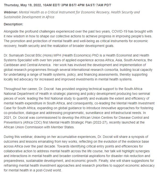 Mental Health Economics (@mh_econ) on Twitter photo Please join us for our next iHEA Mental Health webinar (<a href="/healtheconomics/">International Health Economics Association (IHEA)</a>) this
Thursday, May 19, 2022, 10AM EDT/ 3PM BST/ 4PM SAST/ 7AM PDT/ May 20, 2022 12AM AEST by Sumaiyah Docrat, University of Cape Town
Register here: healtheconomics.org/page/UpcomingW… Please join us for our next iHEA Mental Health webinar (<a href="/healtheconomics/">International Health Economics Association (IHEA)</a>) this
Thursday, May 19, 2022, 10AM EDT/ 3PM BST/ 4PM SAST/ 7AM PDT/ May 20, 2022 12AM AEST by Sumaiyah Docrat, University of Cape Town
Register here: healtheconomics.org/page/UpcomingW…