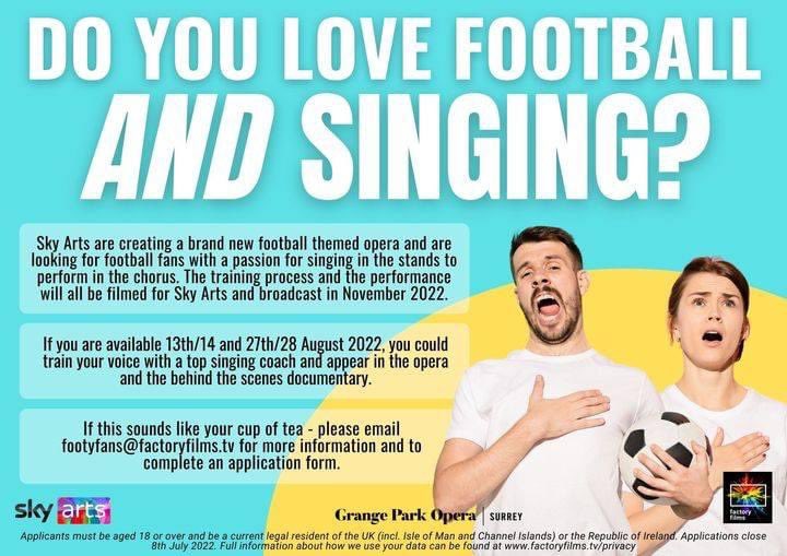 FOOTBALL FANS!!! I‘m sure I know some… working on this for my next tv project with @skytv and this is a call to arms (or balls) for anybody who fancies putting those spirited decibels to some beautiful tunes! Please RT ⚽️