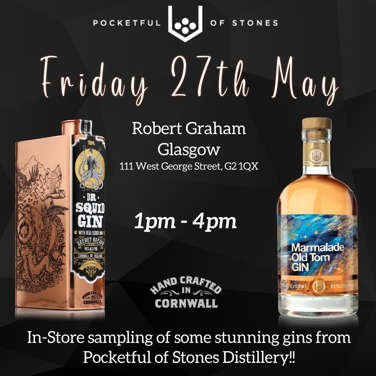 RGWhisky's tweet photo. In- Store Sampling!!

We've got the excellent Pocketful of Stones at our Glasgow store on 27th May, 1pm - 4pm, for an in-store sampling of their Marmalade Old Tom and Dr Squid Gins!!

Why not swing by, try some gins and buy a bottle for the house!
https://t.co/GxIdmgl4J5 https://t.co/uKQHn81foV