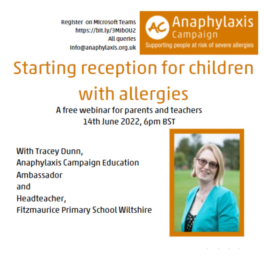 AnaphylaxisUK's tweet photo. Free webinar on 14 June at 6pm, for parents and #teachers on children with allergies #startingschool. 

Our Education Ambassador Tracey will talk about managing allergies in school, and how parents can help ensure their children stay safe. 

Register: https://t.co/LpED6eARkQ https://t.co/WGNvECcRhh