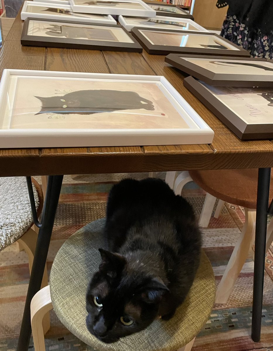 CatsMeowBooks's tweet photo. 明日5/18より開催の『モン・シェリ』原画展のため、山崎泰子さんとお仲間の皆さんが展示順を検討中です。それ、さつきの絵ではないよ～。 https://t.co/VVoXBXX35H