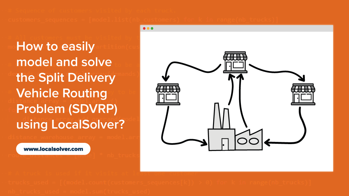 _Hexaly's tweet photo. How to easily model and solve the Split Delivery Vehicle Routing Problem (SDVRP) using #LocalSolver?
👉 You can find, in the following link, the full, ready-to-use LocalSolver model of the SDVRP written in Python, Java, C#, or C++: https://t.co/2ujpezikUf
#optimization #orms https://t.co/8pKNjPm0z1