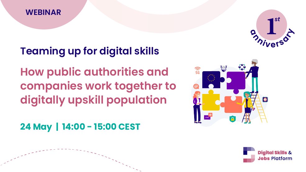 DigitalSkillsEU's tweet photo. 🔔 SAVE THE DATE - Webinar on how public authorities &amp; companies work together to help people improve their digital skill - 🗓️ 24/5

We are celebrating the 1st Anniversary of the #Home4DigitalSkills 🥳

Join us and register for the webinar!
👉https://t.co/qYLs03die4 https://t.co/5EkgDFaEnU