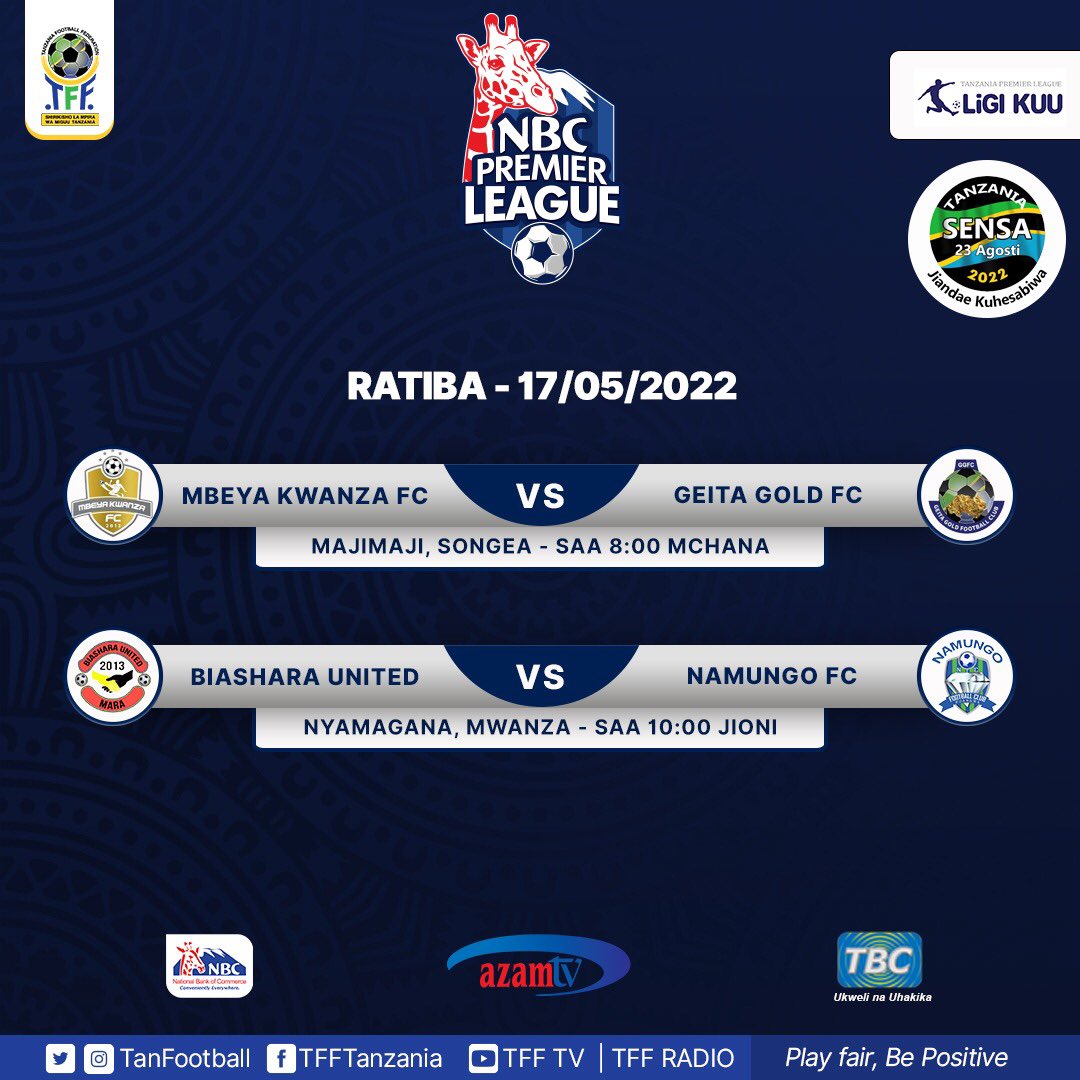 Tanfootball's tweet photo. Ratiba ya Ligi Kuu ya NBC leo Mei 17, 2022.
#NBCPLFixtures
@tplboard @Tanfootball @NBCTanzania @azamtvtz @TBConlineTZ https://t.co/ikmFbwTy3L