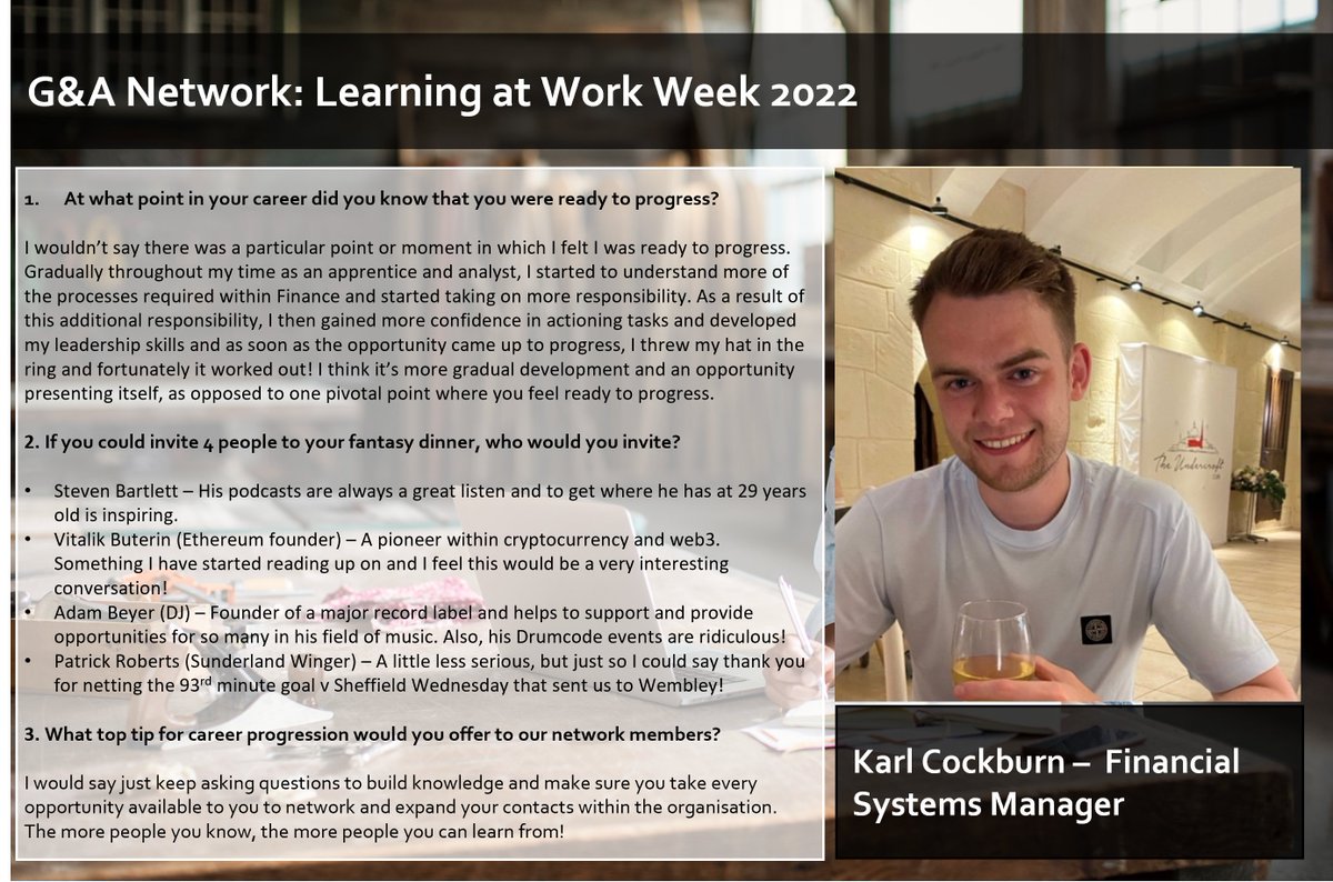 The second in the @HomesGrads_Apps Q&amp;A series to celebrate learning at work week, was with Financial Systems Manager, Karl Cockburn. 🏘️

Karl shared some great top tips and personal reflections, and a very diverse range of fantasy dinner guests! 👏

#LearningAtWorkWeek