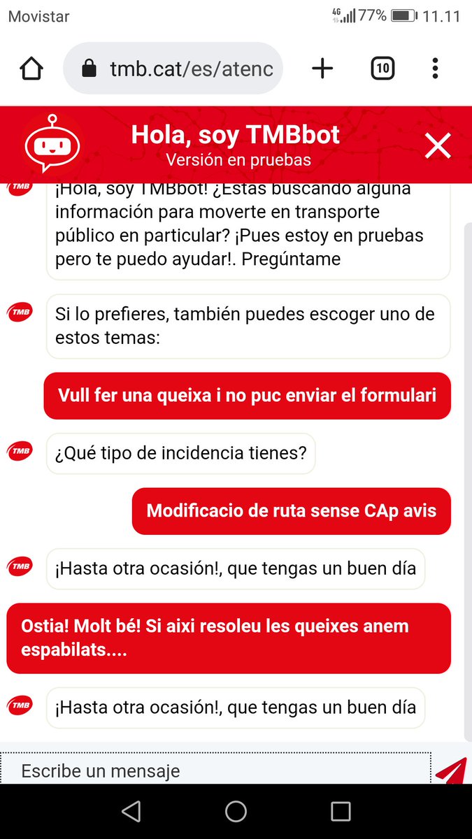 SandraTorrell's tweet photo. Molt bé @TMB_Barcelona si totes les queixes les resoleu aixie anem espavilats!!! Modifique rutes de bus sense cap avís ni a les parades ni dins del bus. I quan recorres a les vies disponibles per queixar-te, no es pot enviar el formulari i l assistent online literlment t engega!! https://t.co/IVS4l8PCir