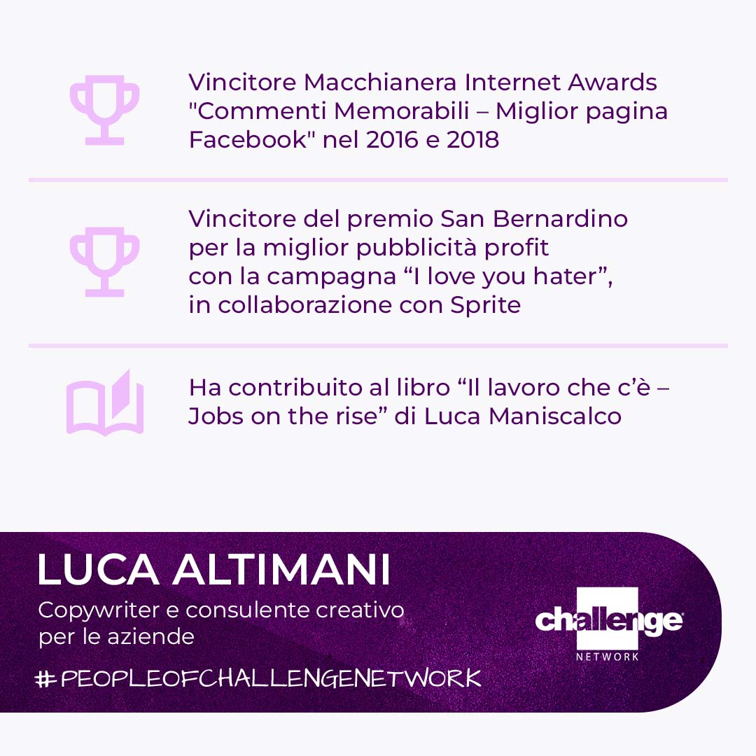 challengentwrk's tweet photo. Luca Altimani è un essere umano dal 1993 ed è così che inizia la sua biografia. Dissacrante e non convenzionale, creativo e geniale, Luca è l’ex admin di Commenti Memorabili ed ora è tra i nostri speaker d’eccezione!
#ChallengeNetwork #PeopleofchallengeNetwork #Speakersbureau https://t.co/tGA1SZe74e
