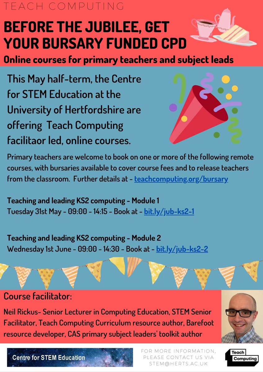 I'm remotely delivering some bursary funded <a href="/WeAreComputing/">National Centre for Computing Education</a> KS2 CPD over the May half term, which may be of interest before the Jubilee bank hols. Further details in the poster, with module 1 at bit.ly/jub-ks2-1 and module 2 at bit.ly/jub-ks2-2 <a href="/STEM_UH/">Centre for STEM Education</a> @NCCESWCHS