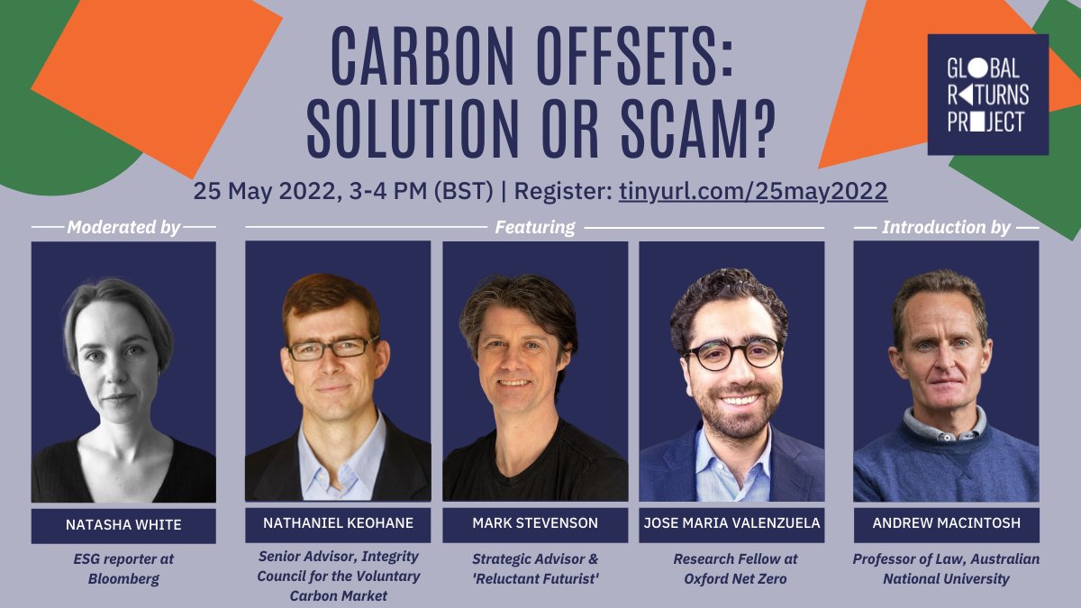 Our free webinar is next week! 🎉
Register for Carbon Offsets: Solution or Scam 
👉tinyurl.com/25may2022

Featuring:
1. <a href="/ic_vcm/">ICVCM (inactive)</a> Senior Advisor and <a href="/C2ES_org/">C2ES</a> President <a href="/NatKeohane/">Nat Keohane</a>
2. <a href="/Optimistontour/">Mark Stevenson</a> 
3. <a href="/OxfordNetZero/">Oxford Net Zero</a>'s <a href="/josemaria_mx/">Jose Maria</a> 

Moderated by <a href="/Bloomberg/">Bloomberg</a>'s <a href="/ntashawhite/">Natasha White</a> 📰