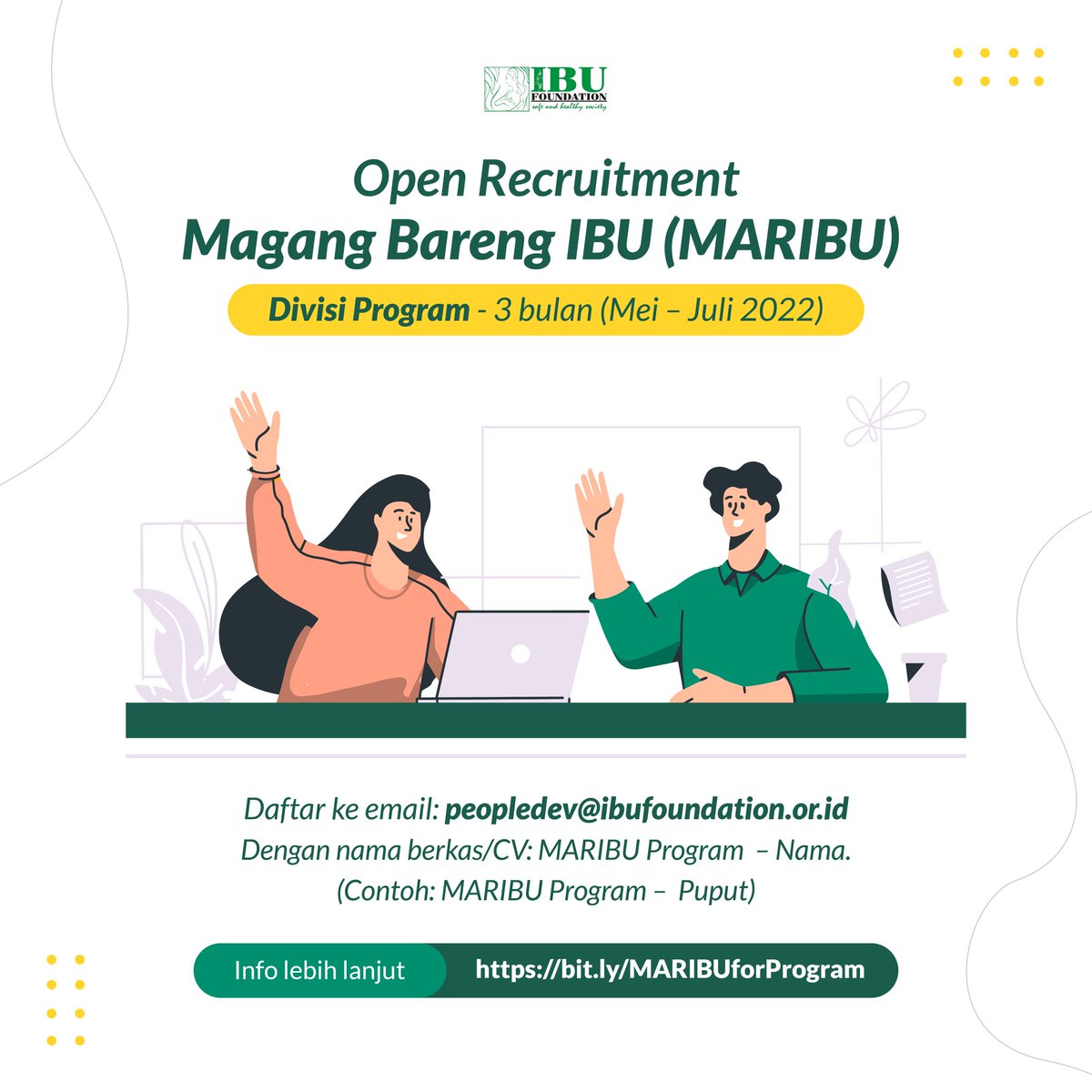 IBUFoundation's tweet photo. Dear Kawan IBU, yang dari kemarin nungguin program Magang Bareng IBU (MARIBU) siapa nihhh?? Yuk cek kedua link ini:
1. https://t.co/gF8TV3SN8O
2. https://t.co/k0hMbAv0qK
Deadline apply tangga 22 Mei 2022 pukul 23.00 WIB
#maribu
#openrecruitment
#lowonganmagang
#lowongankerja https://t.co/WpYwXuVFmd