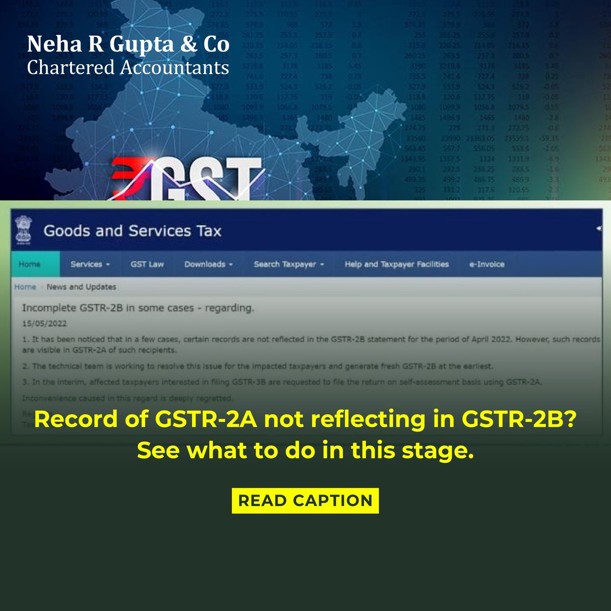 NehaRGuptaCo's tweet photo. GST dept. is working to resolve the Technical issue. Meanwhile, those who are willing to file GSTR3B for April 22 can file the return on self assessment basis.

Follow us for all information and latest updates!

#gst #gstr #gstr2b #gstr2a #gstr2bissues #technicalissue https://t.co/GadToeGSxn