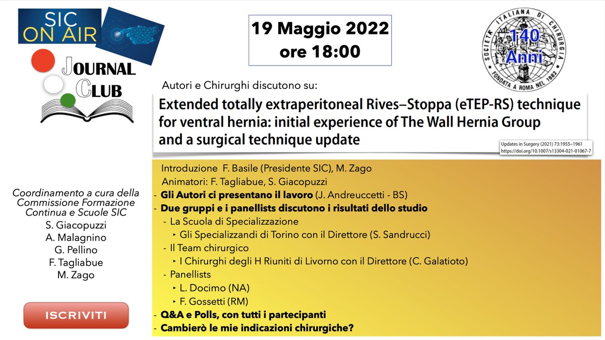 SIC_chirurgia's tweet photo. Are you ready for the new #Journal Club event by @SIC_chirurgia ?
May 19, 6pm (GMT Rome)

Subscribe: https://t.co/zQTKraAtsd https://t.co/7C0RPjadvy
