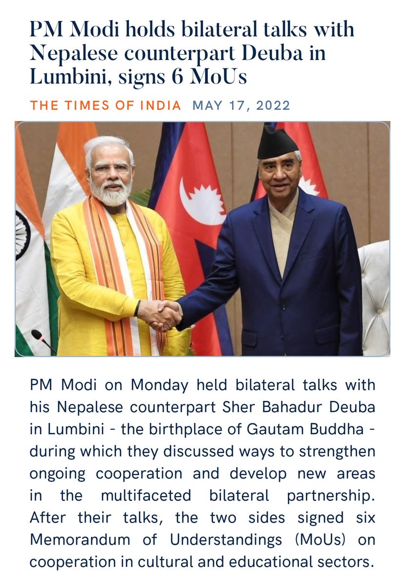 zahidpatka's tweet photo. #ModiInNepal
PM @narendramodi Ji holds bilateral talks with Nepalese counterpart @SherBDeuba in Lumbini, signs 6 MoUs which will diversify & deepen cooperation in Cultural and Educational Sector.
https://t.co/T30dn87VcJ
@PMOIndia https://t.co/V3DyivkZQy