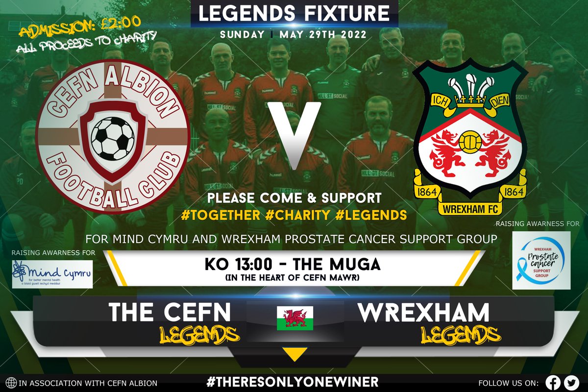 CefnAlbionFC's tweet photo. On Sunday 29th May, CAFC will be hosting the @LegendsWrexham in a game against a team full of Cefn legends. KO is 13.00 at the Muga in Cefn Mawr. Admission is £2 which will all be donated to the @MindCharity &amp; @CancerWrexham. Appreciate the likes &amp; RT's➡️https://t.co/Zn4IH4Yep9 https://t.co/nmw1LJYlC0