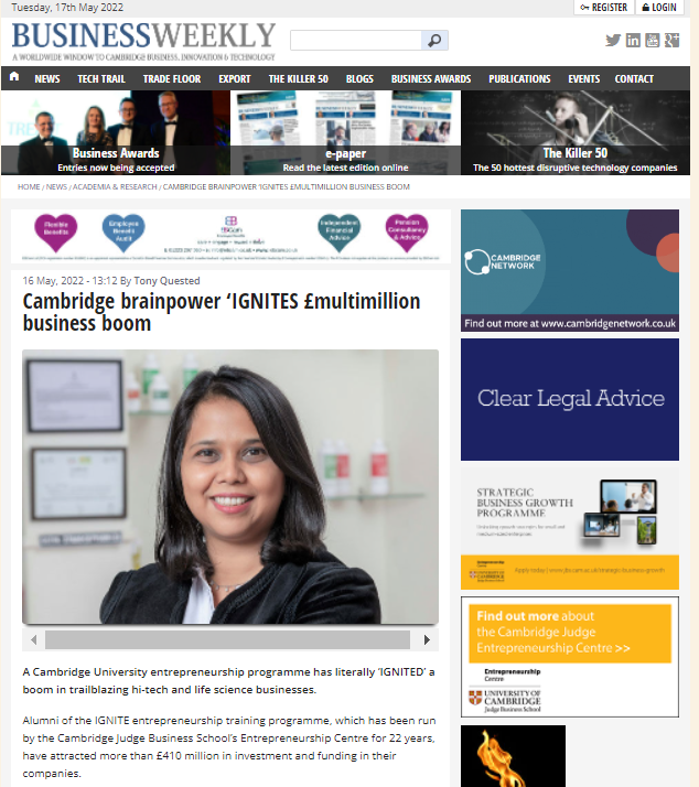 CJBS_EC's tweet photo. Delighted to see the #cjbsIGNITE programme feature in @BusinessWeekly alongside some of our brilliant alumni! See below. The deadline for applying to our Summer programme closes at noon on 31st May 2022. You can apply at: https://t.co/A0LCQz46Dc
https://t.co/9e6AwhnYvp https://t.co/qG3wszu66g