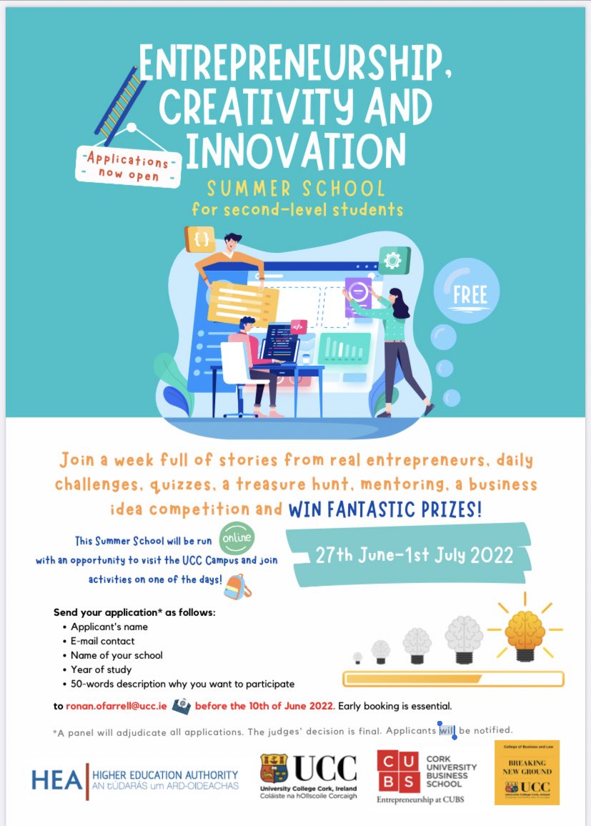 Applications are open for the <a href="/hea_irl/">HEA</a> <a href="/EntrepCUBSUCC/">EntrepreneurshipCUBS</a> Entrepreneurship, Creativity and Innovation Summer School for second-level students. 🚀Running from 27 June - 1 July. Registration details below 👇👇 #uccinnovates