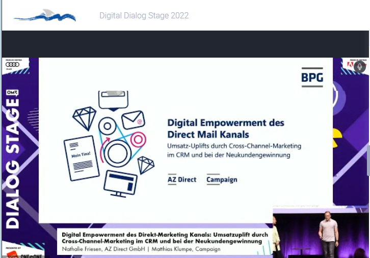 ONEtoONE_de's tweet image. &quot;Durch abgestimmte Kundenkommunikation über Digital-&amp;amp;#DirectMail Kanal, lassen sich Multiplying-Effekte für positiven #ROAS erzielen&quot; - Natalia Friesen von @azdirect_DM und Matthias Klumpe @BPrinting_Group  auf #Dialogstage der #OMR22 Hier live: #DigitalDialogStage 
#OMR2022