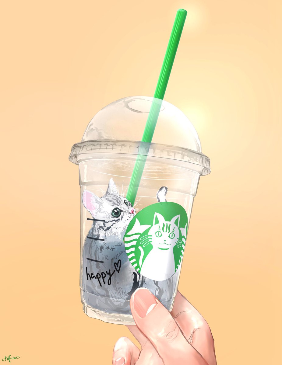 cup disposable cup holding simple background cat drinking straw signature  illustration images