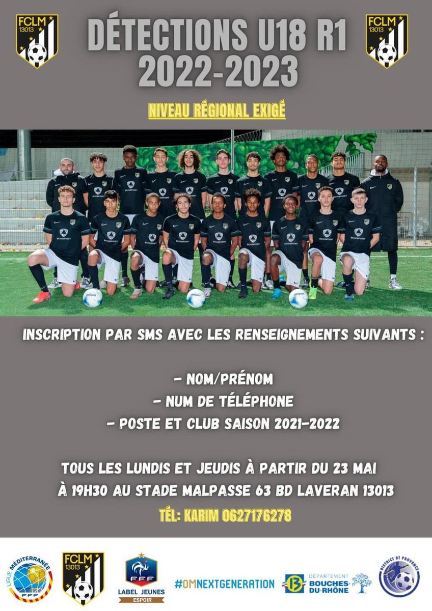 FclMalpasse's tweet photo. Les sessions de détections #U18R1 pour la saison prochaine débutent à compter du lundi 23 mai 2022 🚀

Inscription par SMS obligatoire ✅

#Malpassé #TeamFCLM https://t.co/luzLgyaCmu