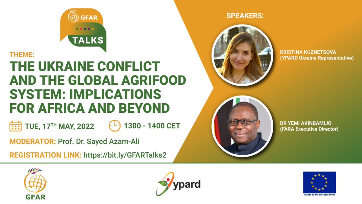 Register here 👉bit.ly/GFARTalks2 and join us to talk about the Ukraine crisis and how it's affecting the global agri-food sector in a #GFARTalks webinar. 

📆 17th May
🕐 1300 - 1400 CET 

#GFARTalks