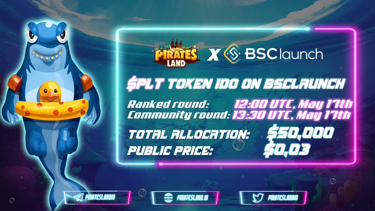 🔥🔥🔥 PIRATES LAND X BSCLAUNCH: IDO NOW 🔥🔥🔥

👉On: app.bsclaunch.org/pools

⏰IDO Time:
- Ranked round: 12:00 UTC | May 17th, 2022
- Community round: 13:30 UTC | May 17th, 2022

💪Platform Raise: $50,000

#PiratesLand #PLT #TreasureVerse #IDO #BSClaunch #Thepublicsail