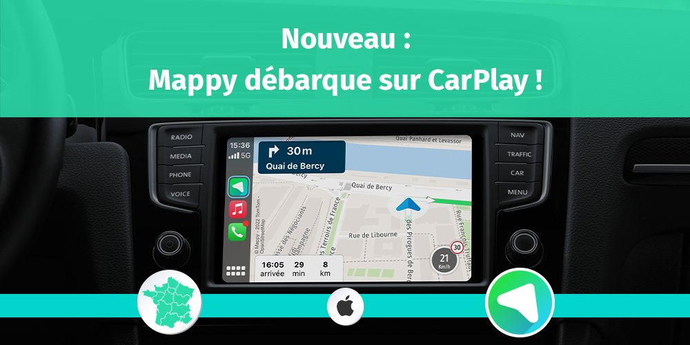 Mappy's tweet photo. Mappy débarque sur #CarPlay ! Vous pouvez maintenant vivre l’expérience Mappy directement sur l’écran de votre véhicule. On vous dit tout 👇. #Apple 
 https://t.co/6cK1509960 https://t.co/BJMEkPtTB4